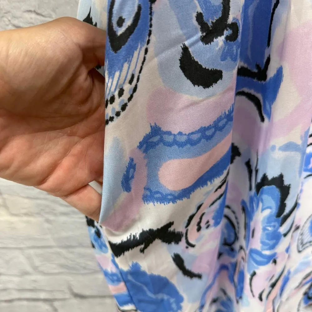 Joy Joy Pleated Puff Sleeve Dress Sumpy Summer Paisley Size L Blue Pink White - Image 7