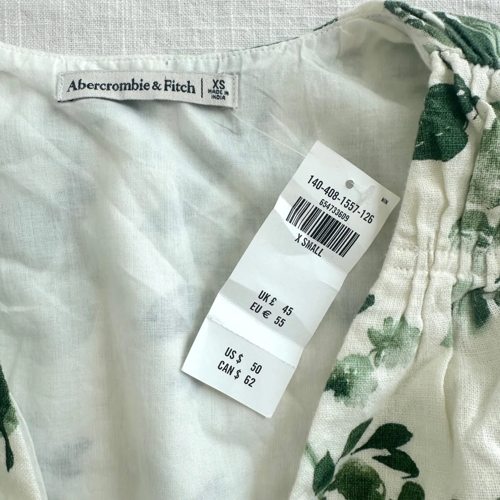 Abercrombie & Fitch XS Linen Floral Crop Top Green White Sleeveless Blouse‎ - Image 3