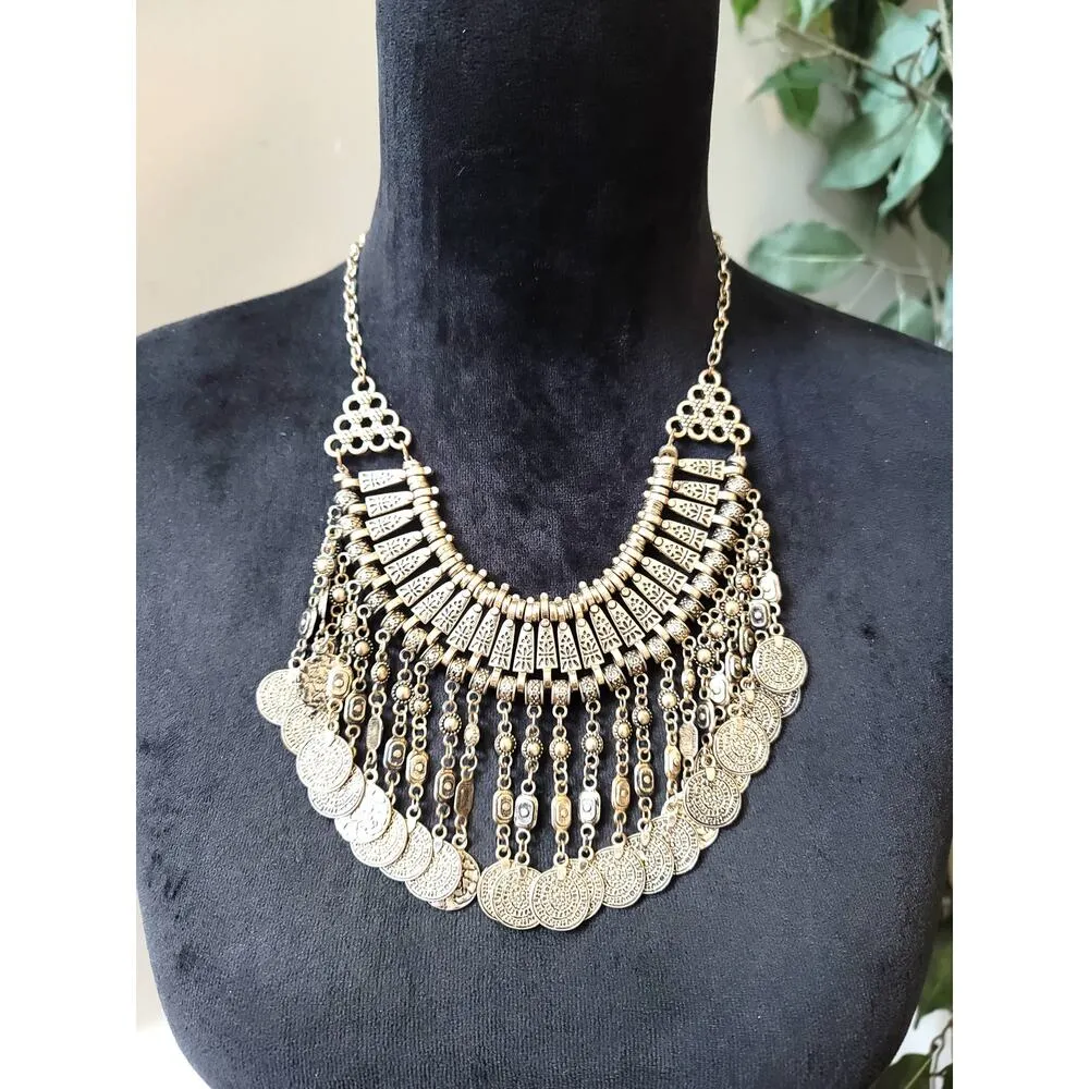 Women's Boho Statement Coin Bib Necklace Lobster Clasp Gypsy Festival Style Gold - Image 2