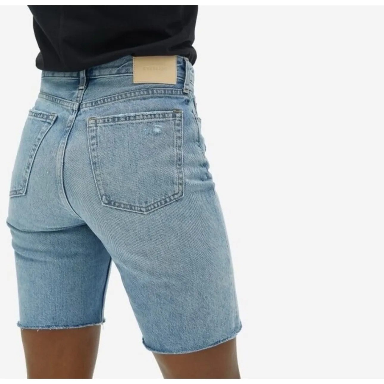 Everlane Cheeky Denim Shorts Long Distressed Raw Hem Light Wash‎ Size 23 - Image 11
