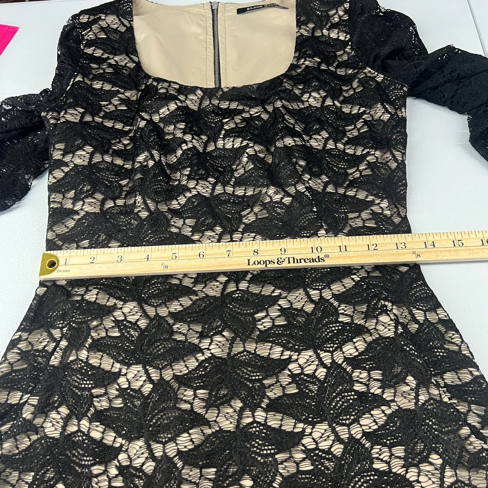 Black Halo Shift Dress Womens Size 2 Black Lace Zip Back Square Neck Long Sleeve - Image 13