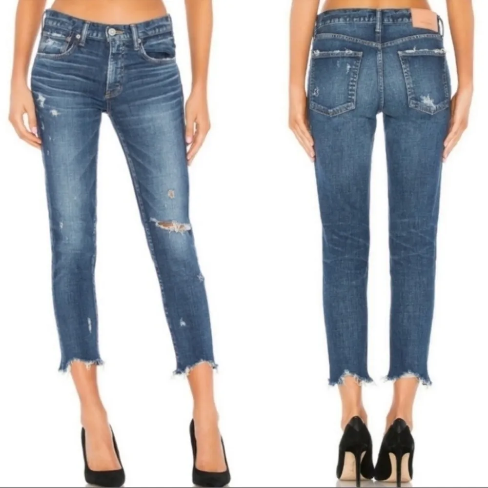 Moussy Vintage Glendele Distressed Tapered Raw Hem Ankle Skinny Denim Jeans 25 Blue - Image 3