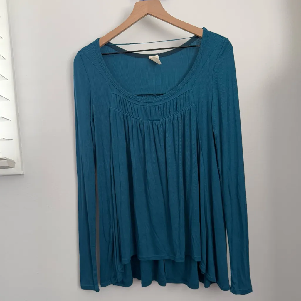 Free People XS Babydoll Swing Top Rib Long Sleeve Ruch Neckline Teal Blue Fall - Image 7