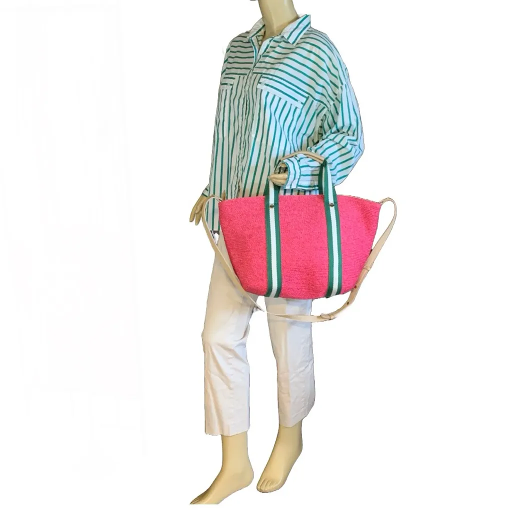 VINTAGE TALBOTS PINK STRAW PAPER TOTE BAG W/GREEN NYLON STRAP & TAN FAUX LEATHER - Image 8