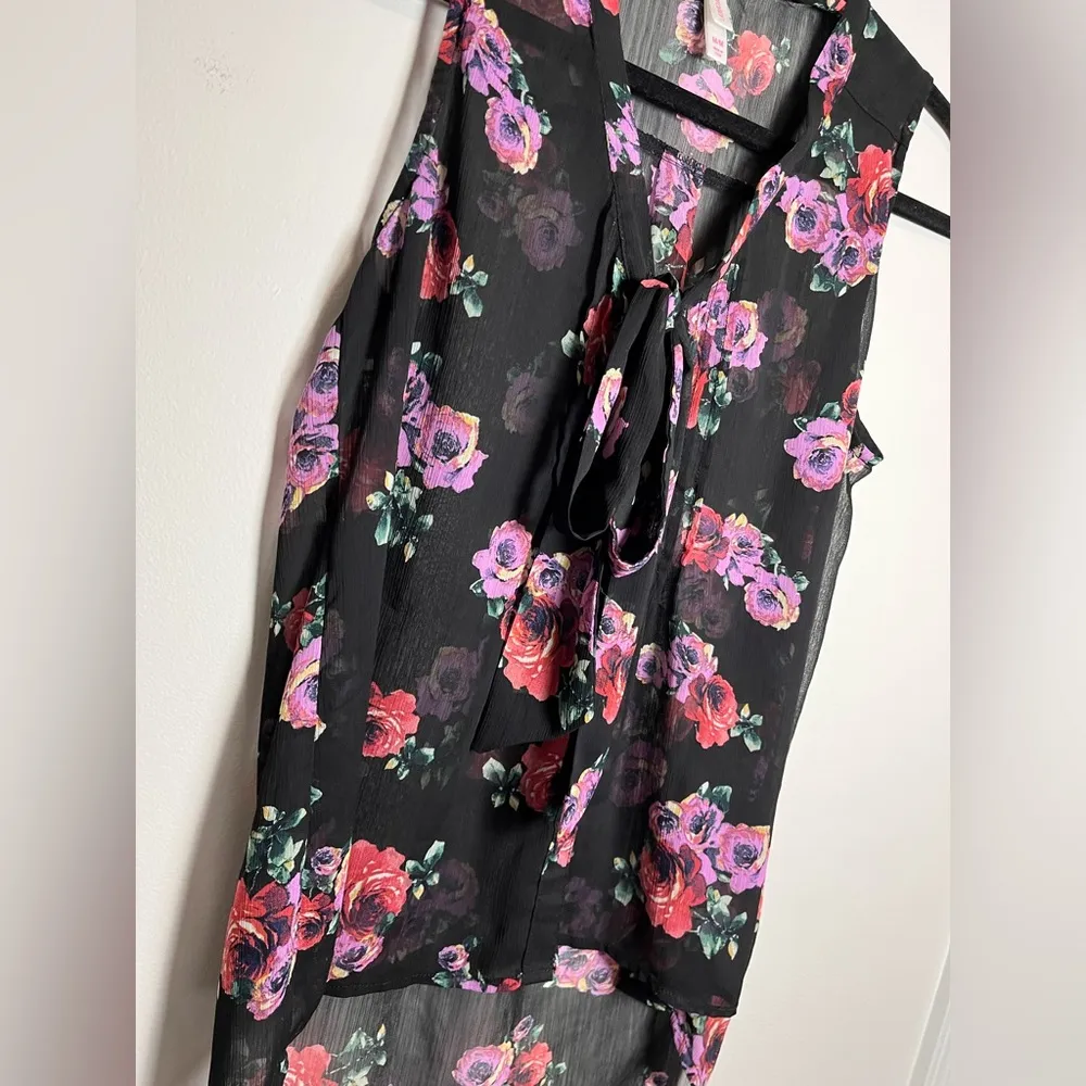 Vintage Sleeveless Floral Sheer V-Neck Tie Tank Top Blouse Women’s Sz M EUC - Image 2