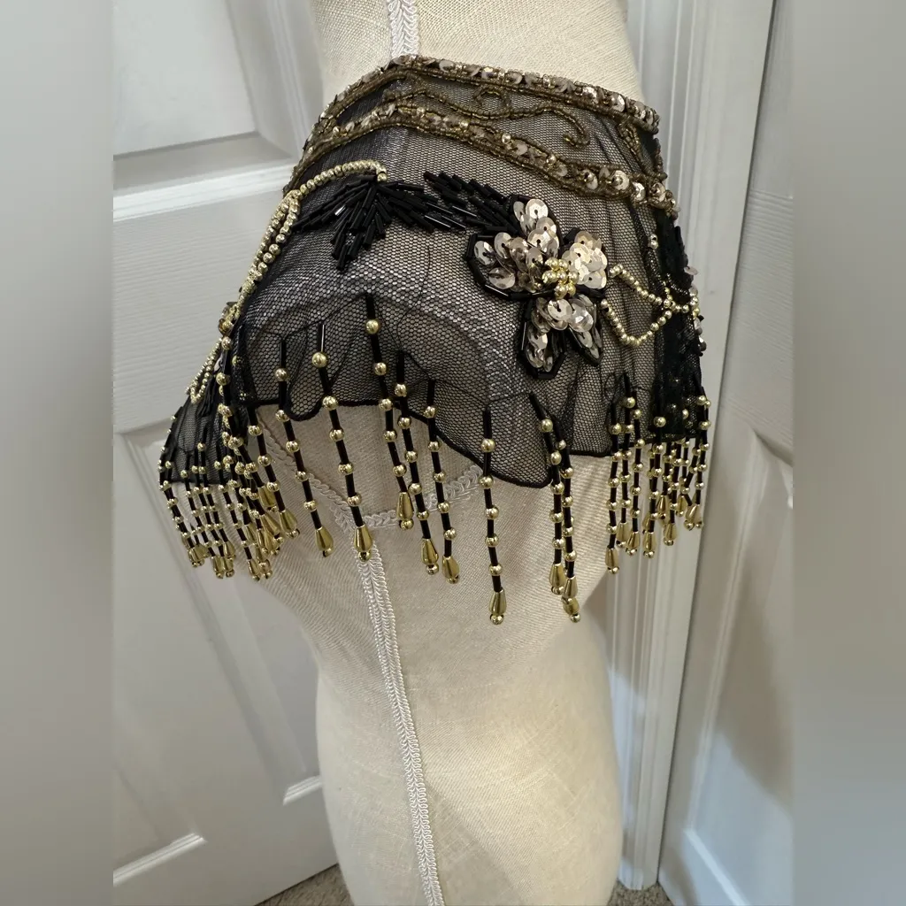 Vintage Beaded Mesh Capelet / Shawl Collar Black - Image 4