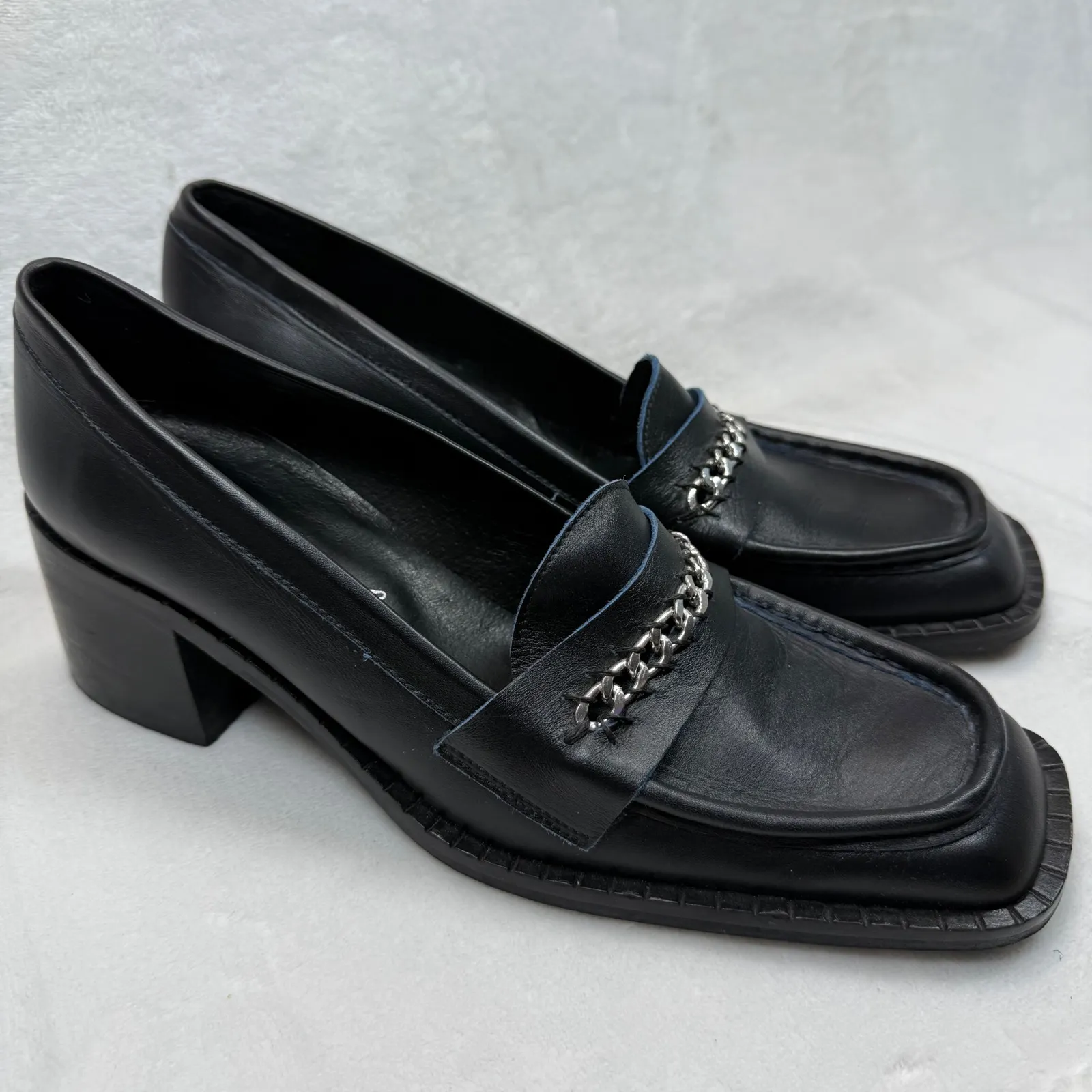 Free People Hayden Black Leather Heeled Loafers Chain Accent Size‎ 41 US 10 - Image 4