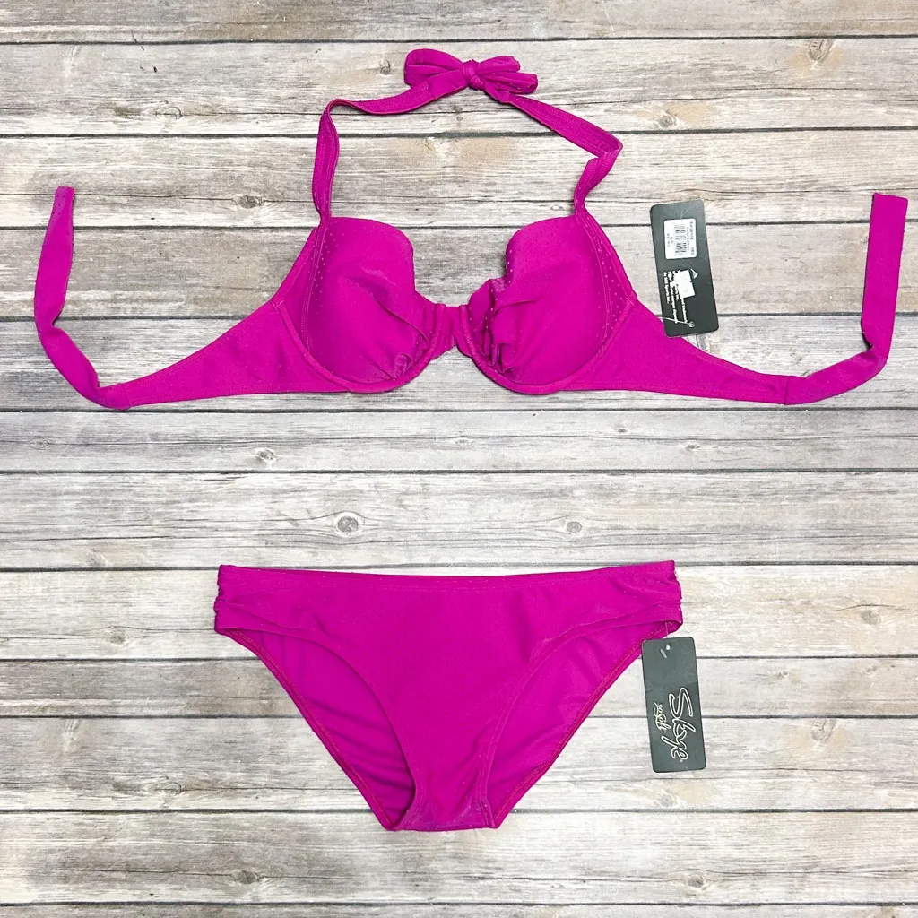Skye Raspberry Purple Velveteen Polka Dot Push Up Halter Shirred Hipster Bikini - Image 1