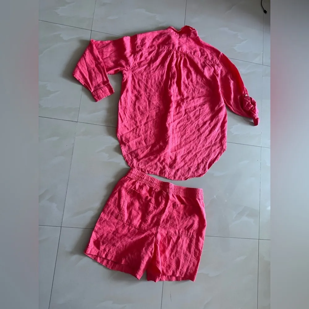Lands and Hot Pink 2-Piece Shorts M 10-12 Set long sleeve shirt L(14-16) Linen - Image 3