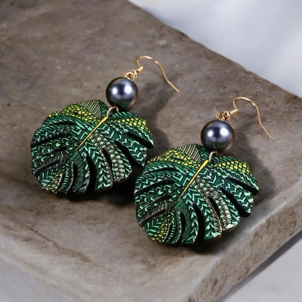 Bohemian Style Green Leaf Drop Earrings With Imitation Pearl Hollow - Image 5