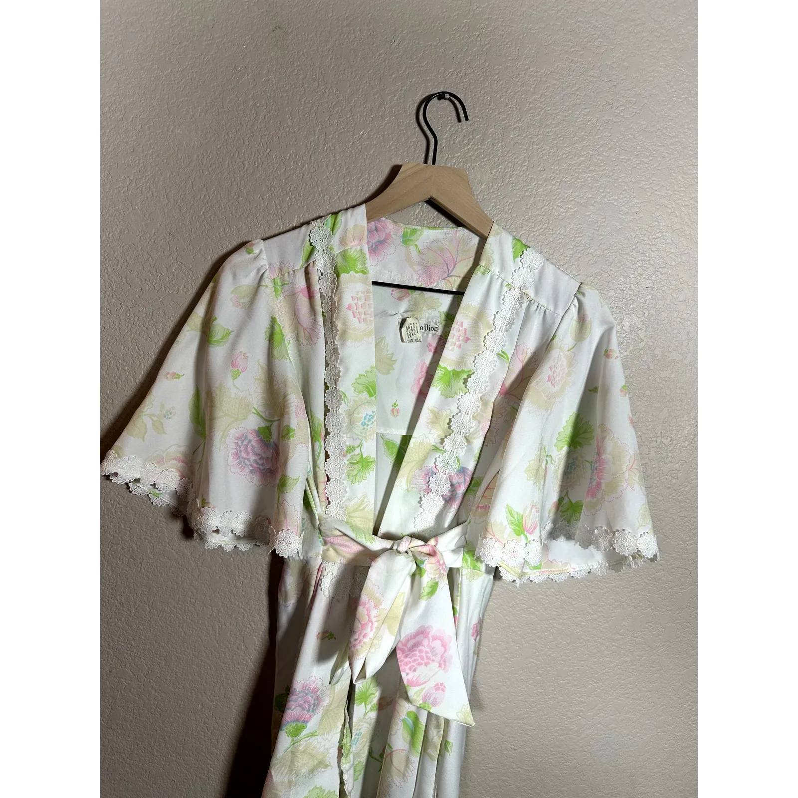 Vintage Christian Dior Lingerie PInk Green Floral Lace Robe Wrap Size Small - Image 10