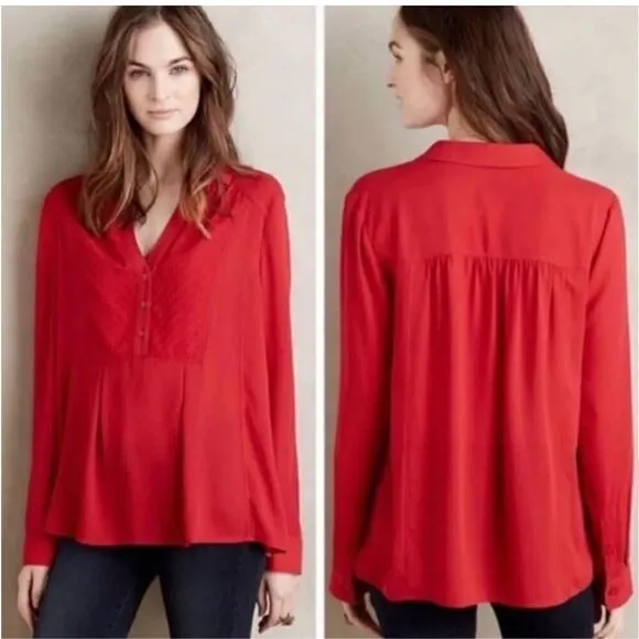 ANTHROPOLOGIE MAEVE Red Chevron Inlay Popover Top Blouse Sz. 4 - Image 2