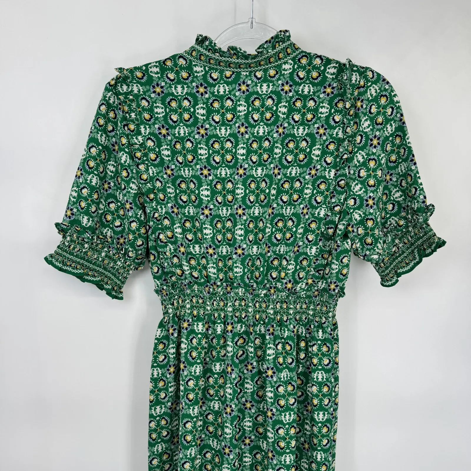 MAX STUDIO Green Floral Tiered Maxi Dress Medium Ruffled Neck Smocked Waist - Image 7