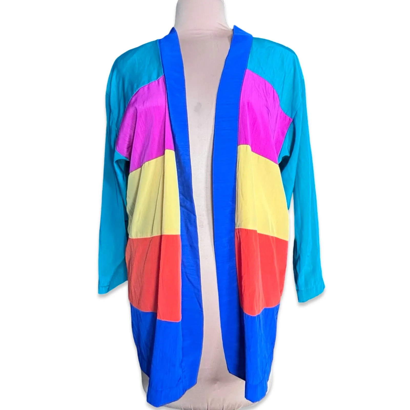 Vintage Barbara Gerwit Colorblock Open Front Jacket Cardigan Rainbow Striped Art Blue Size M - Image 10