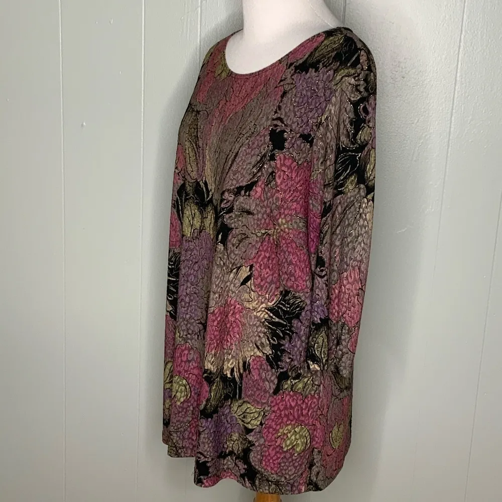 Maggie Barnes 3/4 Sleeve Round Neck Plum Black & Gold Sparkle Tunic 0X - Image 5