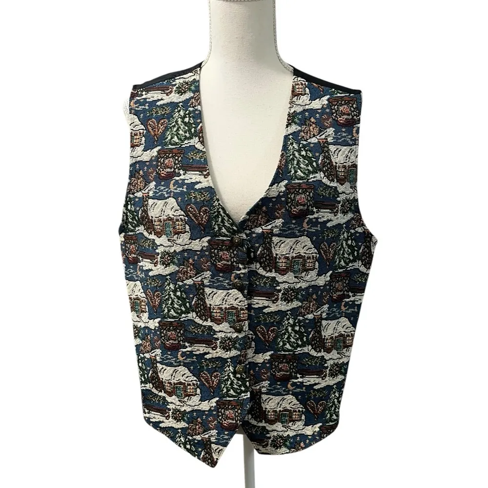 Vintage 90s Bobbie Brooks Winter Holiday Cabin Snow Tapestry Vest - Image 2
