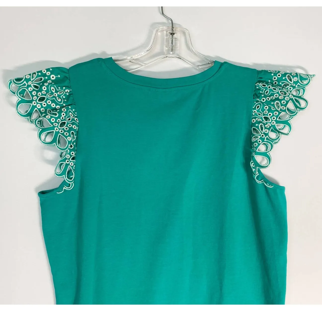 Chico's Eyelet Flutter Cap Sleeve Tee Tropical Jade Teal Lace Stretch - Image 7