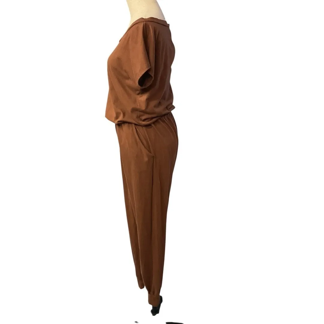 Anga Fashion Women's Short Sleeve Ankle Tapered Leg Jumpsuit Brown Size Small‎ - Image 4