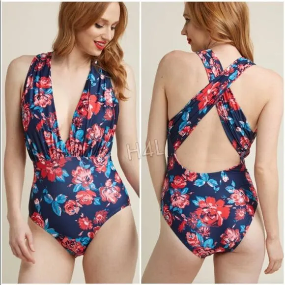 High Drive by ModCloth Deep V-Neck Floral Navy/Red One-Piece Bathing Suit - Image 2