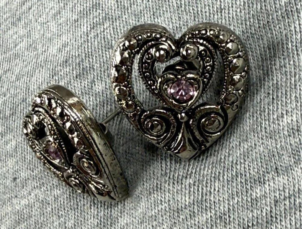 Vintage Heart Pierced Post Earrings Rhinestone & Silver Tone Metal Design - Image 10