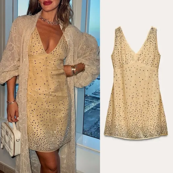 Zara NWT nude jewelled embellished crystal rhinestone sparkly v neck mini dress - Image 2