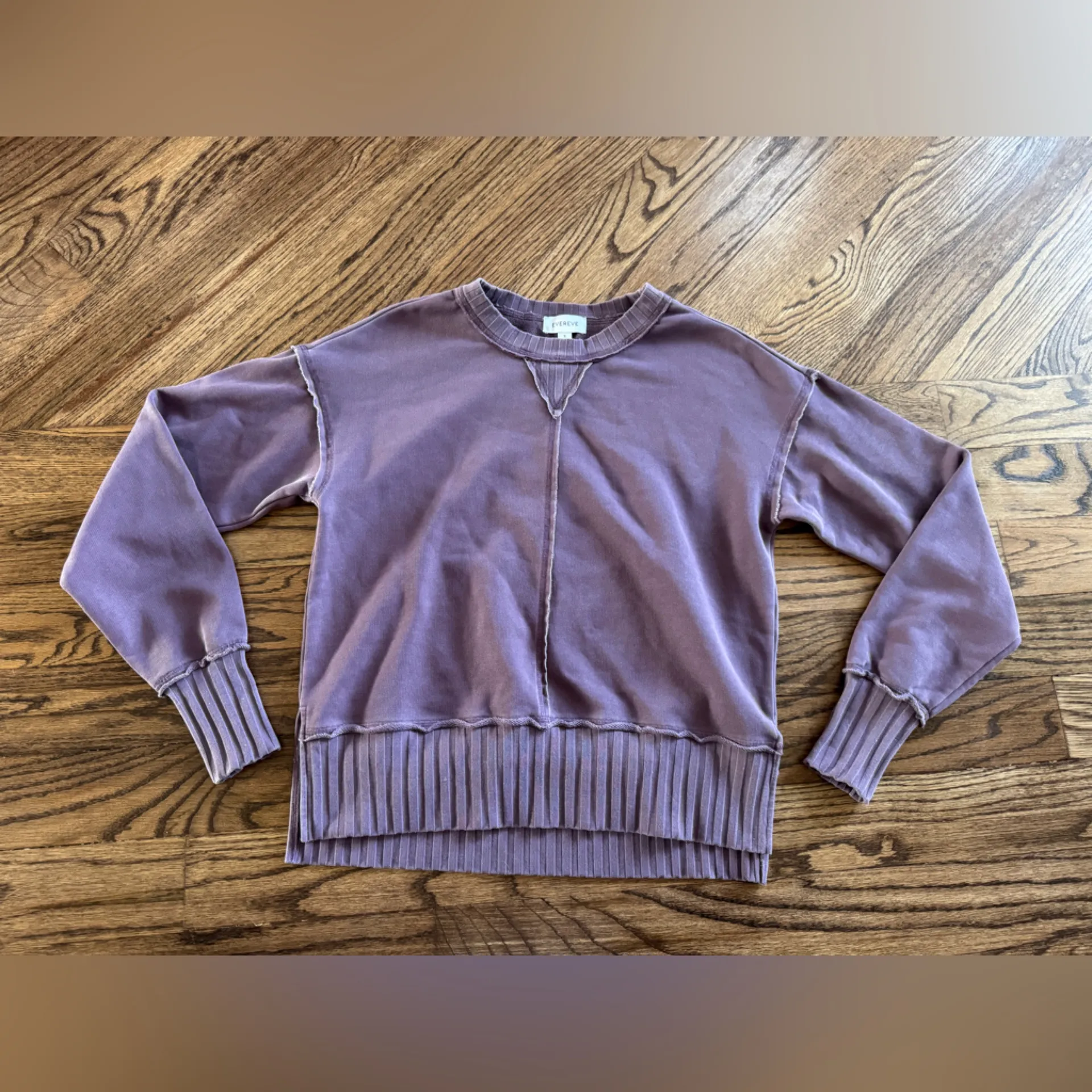 Evereve Rib Trim Sweatshirt Washed Plum Crewneck Cotton Blend Small Ribbed Cut - Image 3