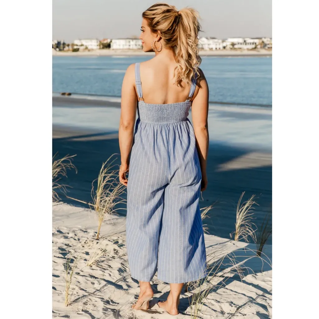 Pink Lily Striped Blue Chambray Wide Leg Jumpsuit Size Small - Image 2