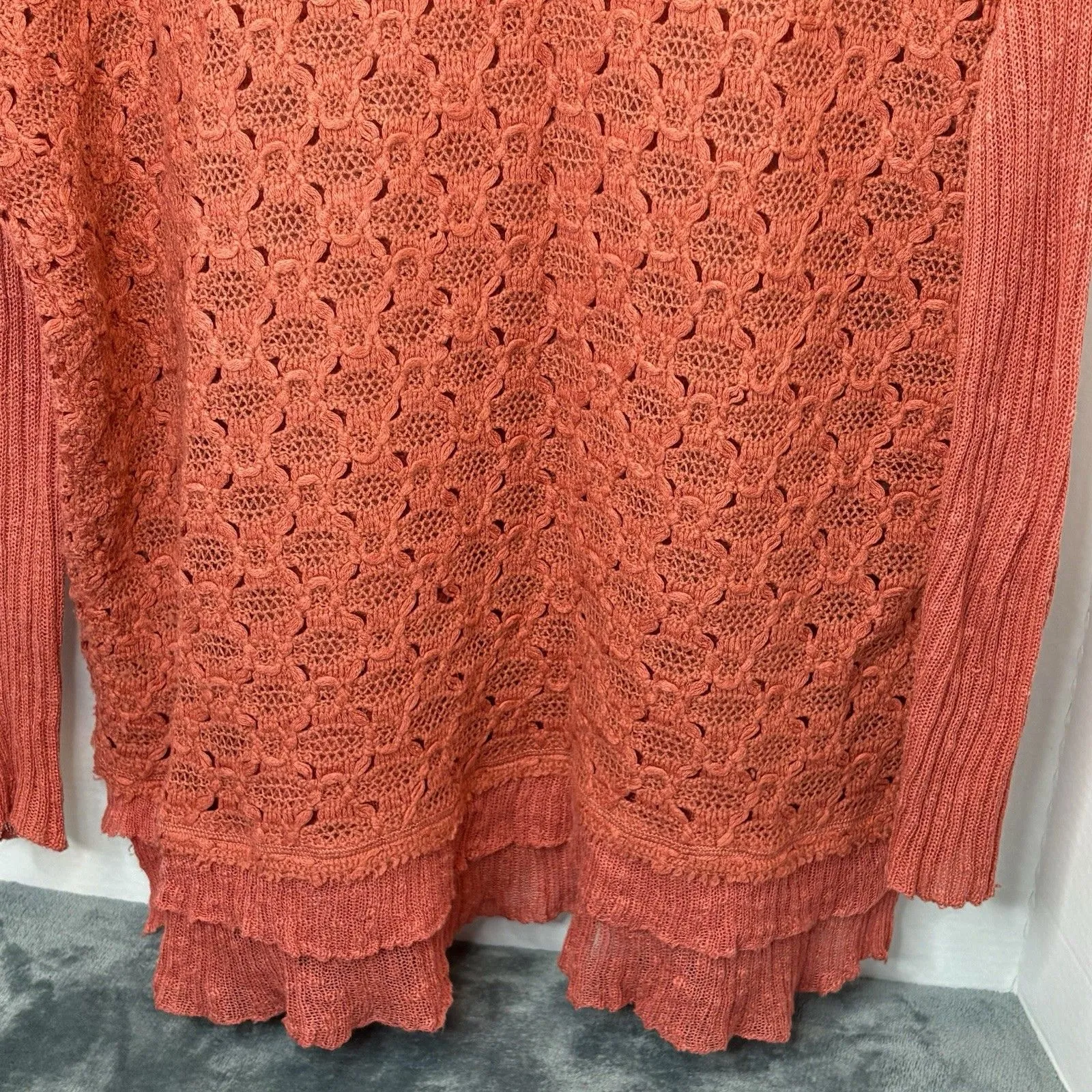 Free People Windows To My Soul Open Knit Ruffle Hem Crochet Sweater Sz S Boho - Image 6