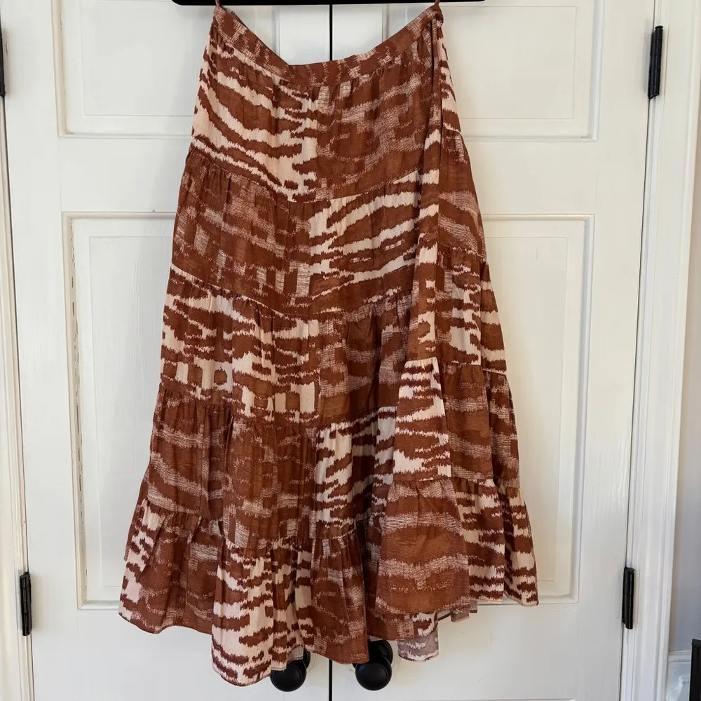 Ulla Johnson Aisa Silk Taffeta Tiered Midi Skirt Fawn‎ Size 10 Ikat Animal Print - Image 14
