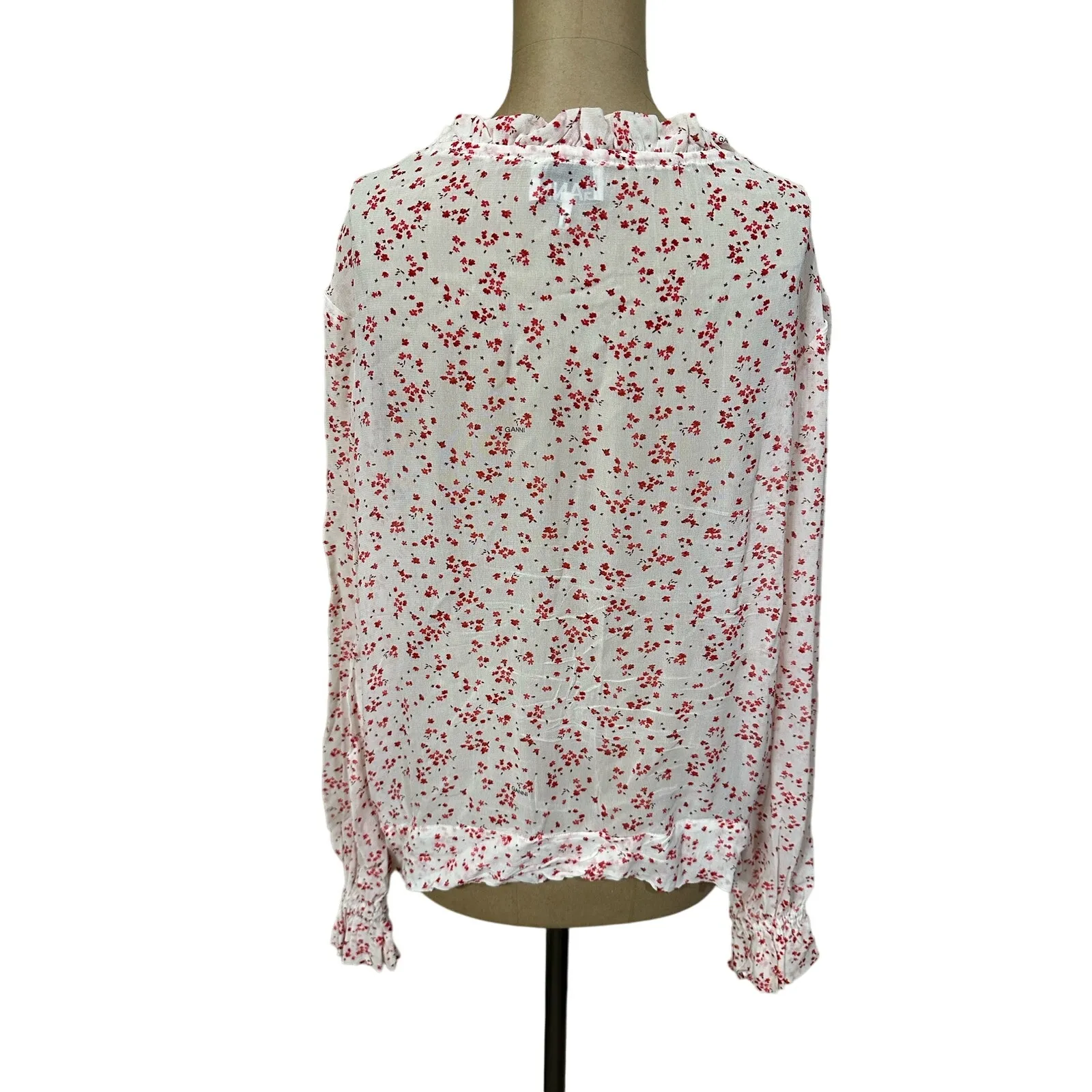 GANNI Blouse Long Sleeve Red Floral Cream Crepe Georgette Ruffle Collar - Image 8