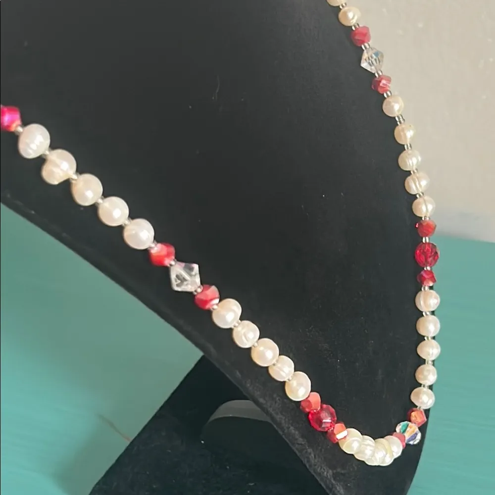 Hand Crafted Classic White Freshwater Pearl and Red Faceted Beaded Necklace Set - Image 9