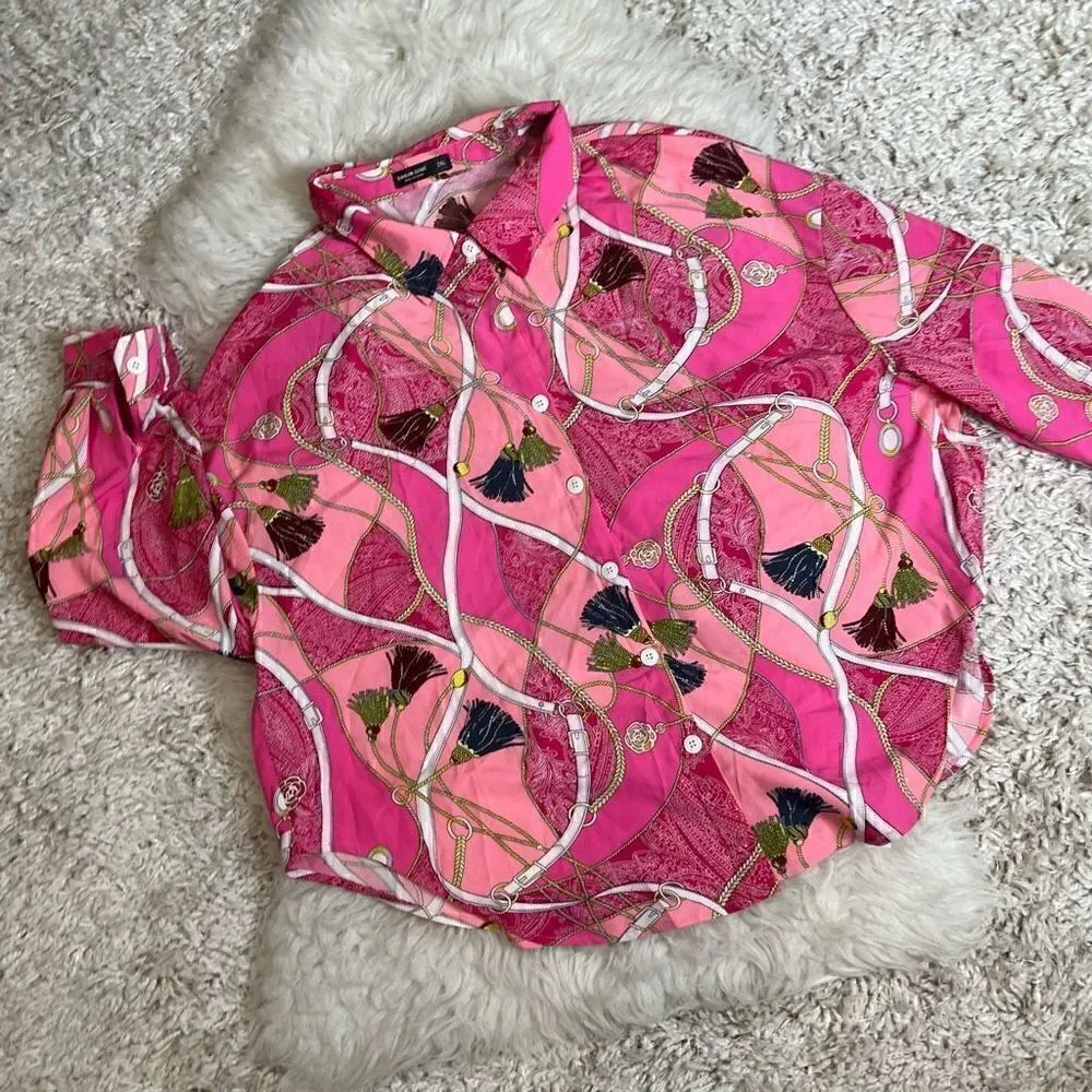 Mixed Print Button Up Tie Front Shirt plus size 2XL blouse Pink - Image 9
