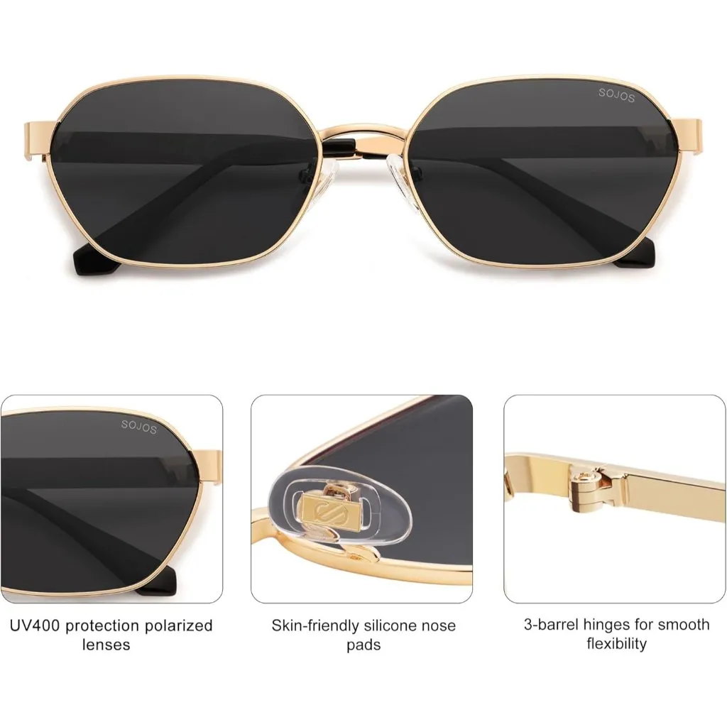 Unisex Gold/Grey Trendy Hexagon Sunglasses for UV400 Retro Rectangle Shades Gold - Image 3