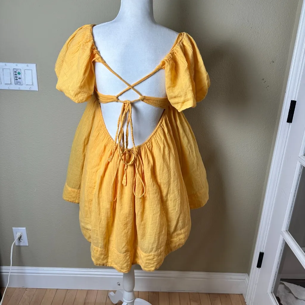 FREE PEOPLE Marina Tie Back Cotton Crinkle Babydoll Dress Yellow / Gold Medium - Image 10