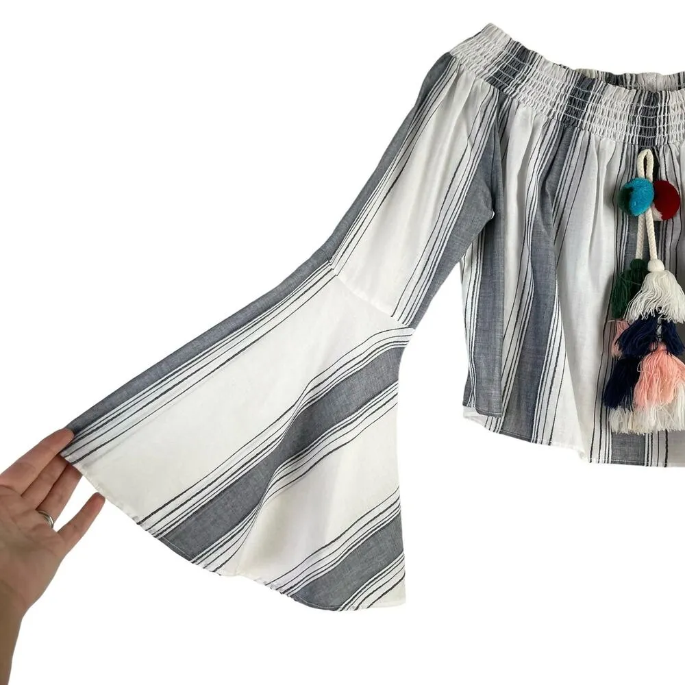 Anthropologie Lilka Off the Shoulder Pom Pom Tassel Crop Top Striped Bell Sleeve - Image 10