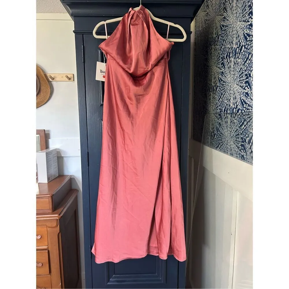 NEW Rose Satin Halter Neck Backless Slit Cowl Back Ruched Maxi Dress M Pink Size M - Image 3