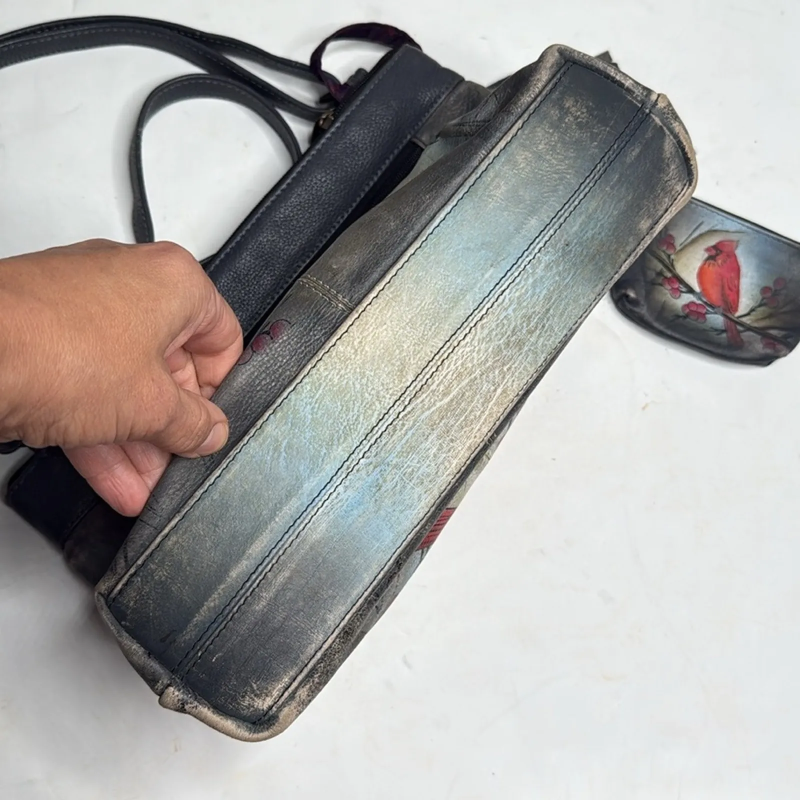 ANUSCHKA Medium Crossbody Cardinal Bird Double Zip Pocket Painted Signed Artwork - Image 4