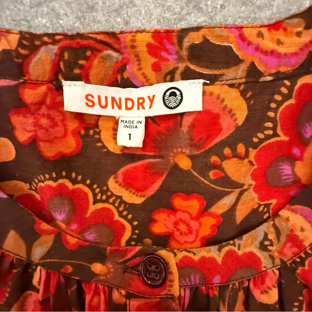 Sundry Anthropologie Floral Button Down Puff Sleeve Blouse Brown Red Size 1 (S) - Image 7