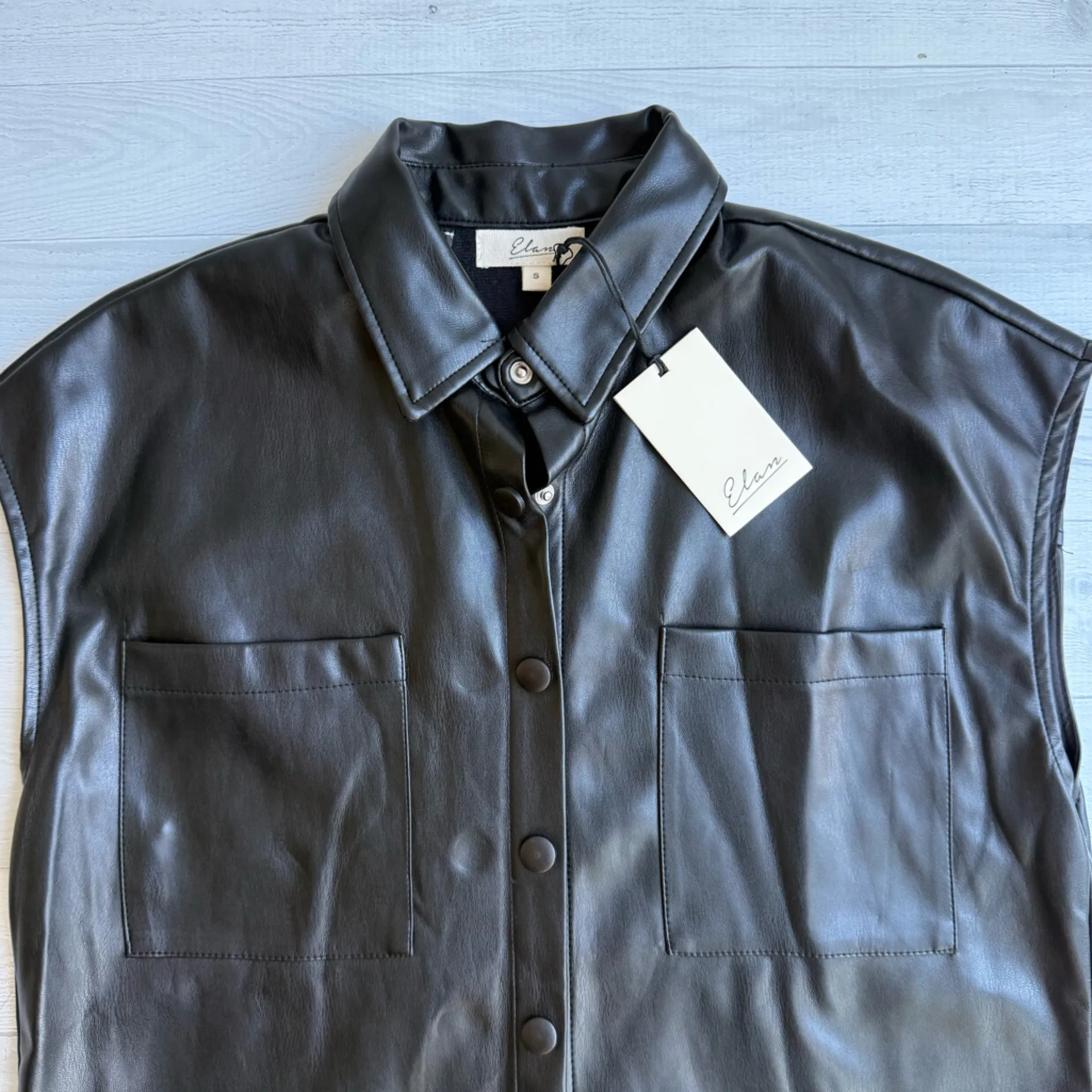 NWT Elan Black Faux Leather Florence  Sleeveless Button Down Collared Top S - Image 8