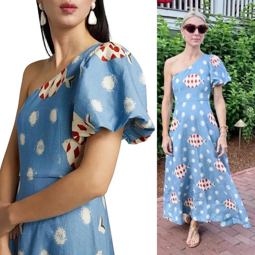 Hunter Bell Carmen One-Shoulder Linen Midi Dress Fish Print Size 0 NWT - Image 17