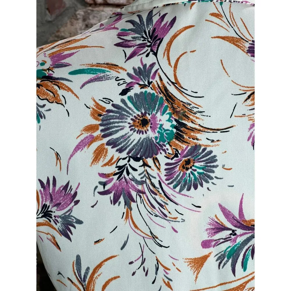 Blouse floral 1970s button up orange green pink bright Size M - Image 4