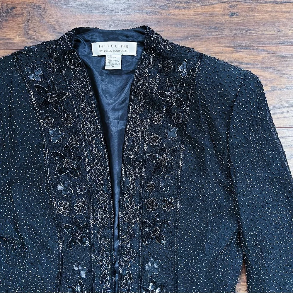 vintage • Niteline beaded jacket 80s black silk evening formal sparkly sequin Size M - Image 2