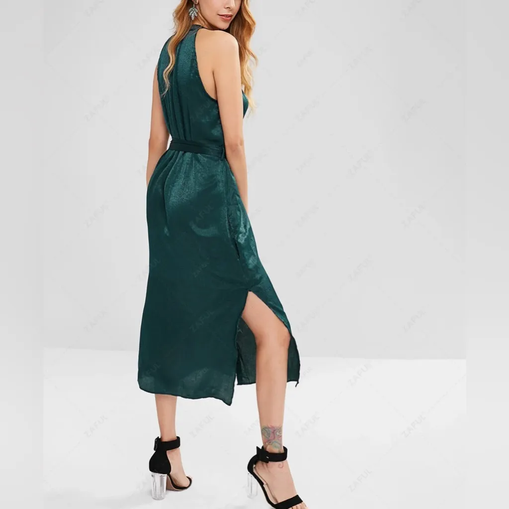 Zara hunter green shimmer satin halter neck button down midi dress size XS NWOT - Image 3