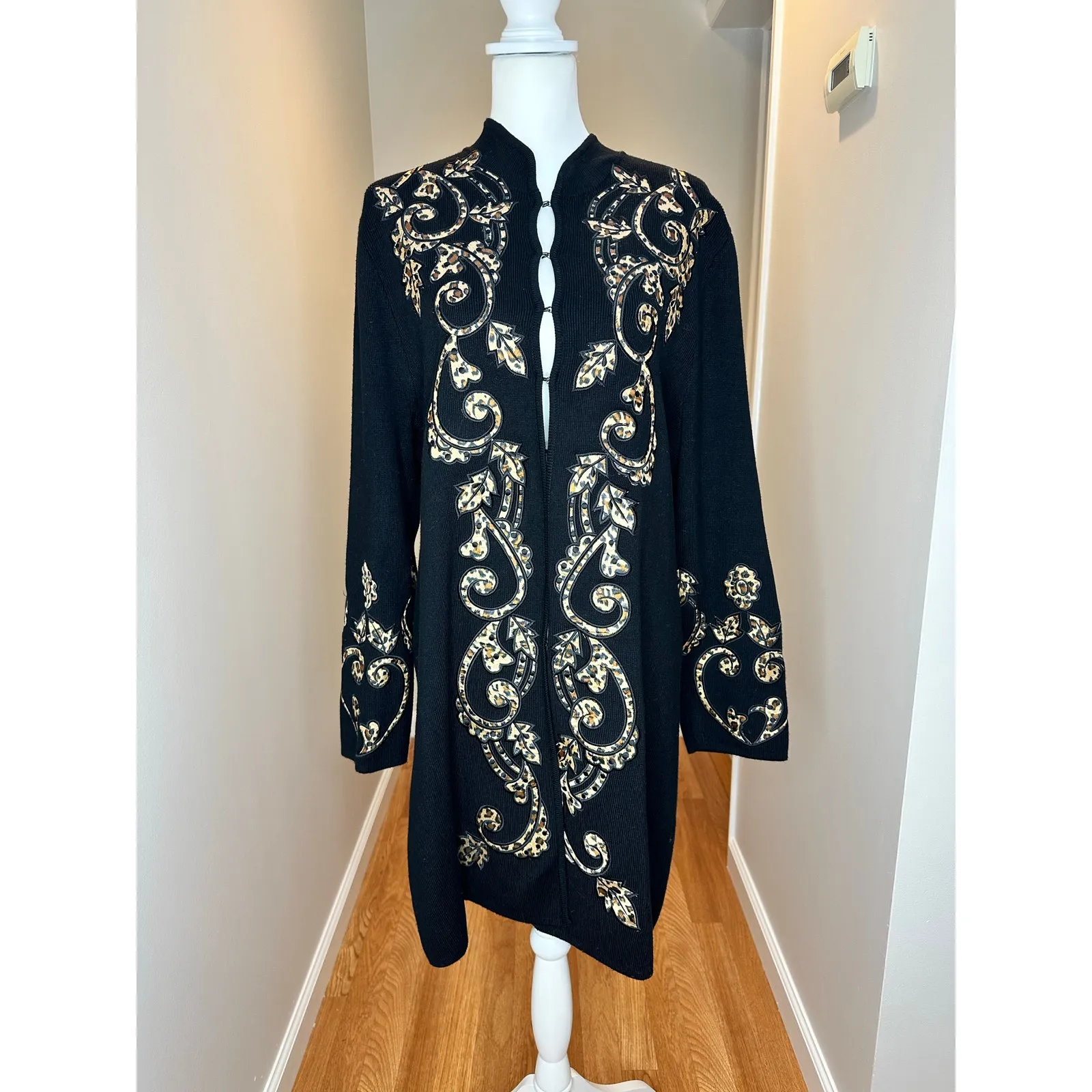 Vintage Pamela McCoy Longline Ribbed Black Cheetah Print Cardigan Coat Large - Image 2