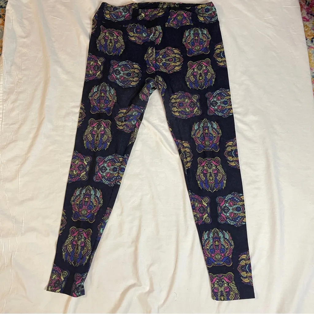 3/$15 LULA ROE Black Multicolor Boho Bear Leggings, TC - Image 3
