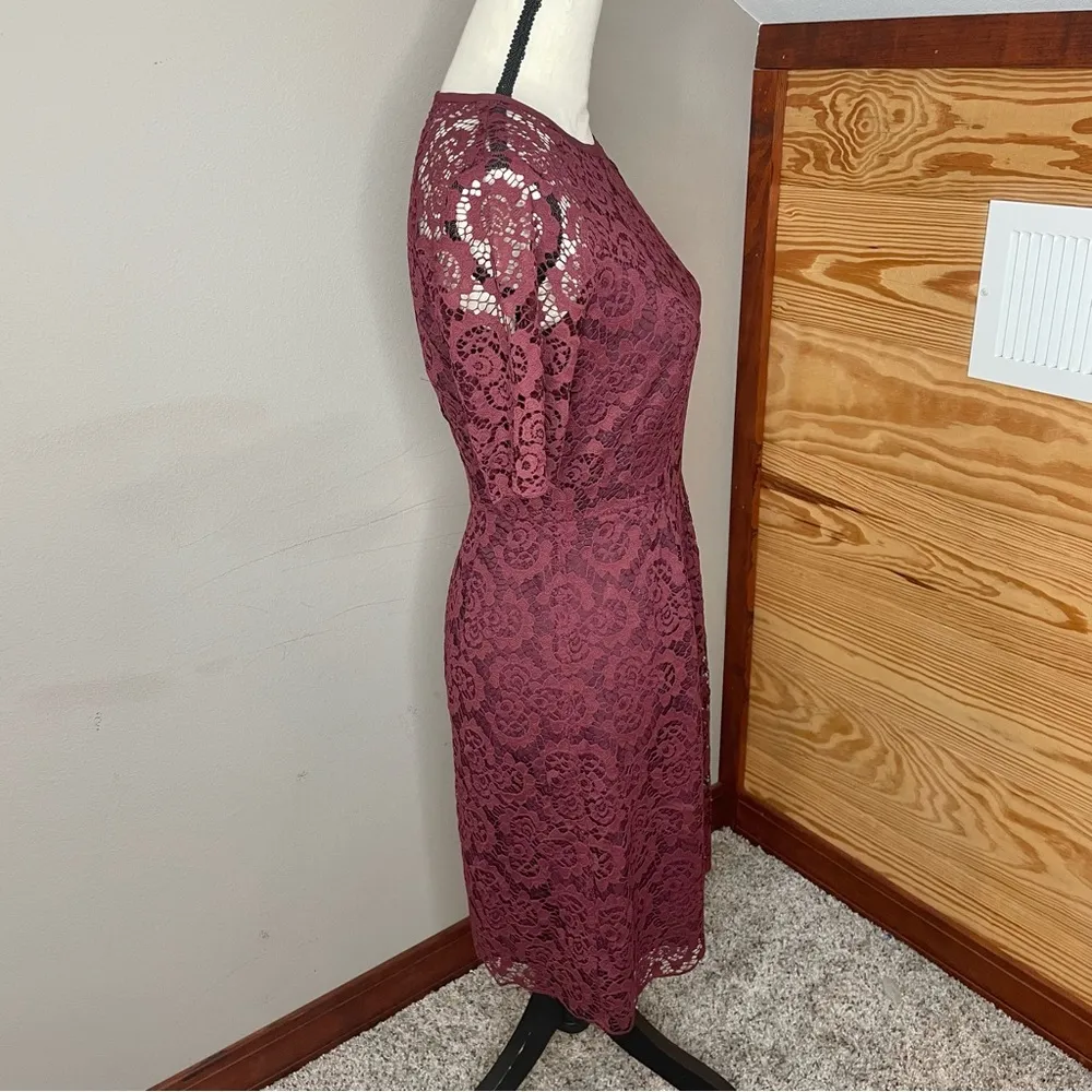 Magnolia Lace Overlay Short Sleeve Mini Dress in Burgundy Maroon 0 - Image 3