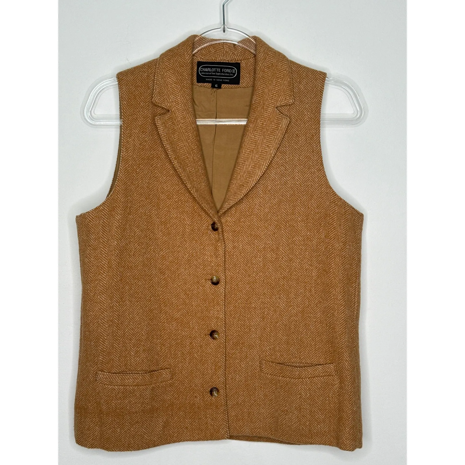 1980s Charlotte Ford II Camel Herringbone Wool Vest & Skirt Set Small - Image 2