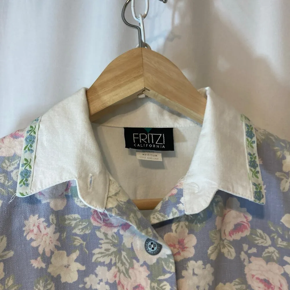 Vintage 90’s Fritzi California Retro White Blue Flowers Stripes Button Shirt Top Size M - Image 4