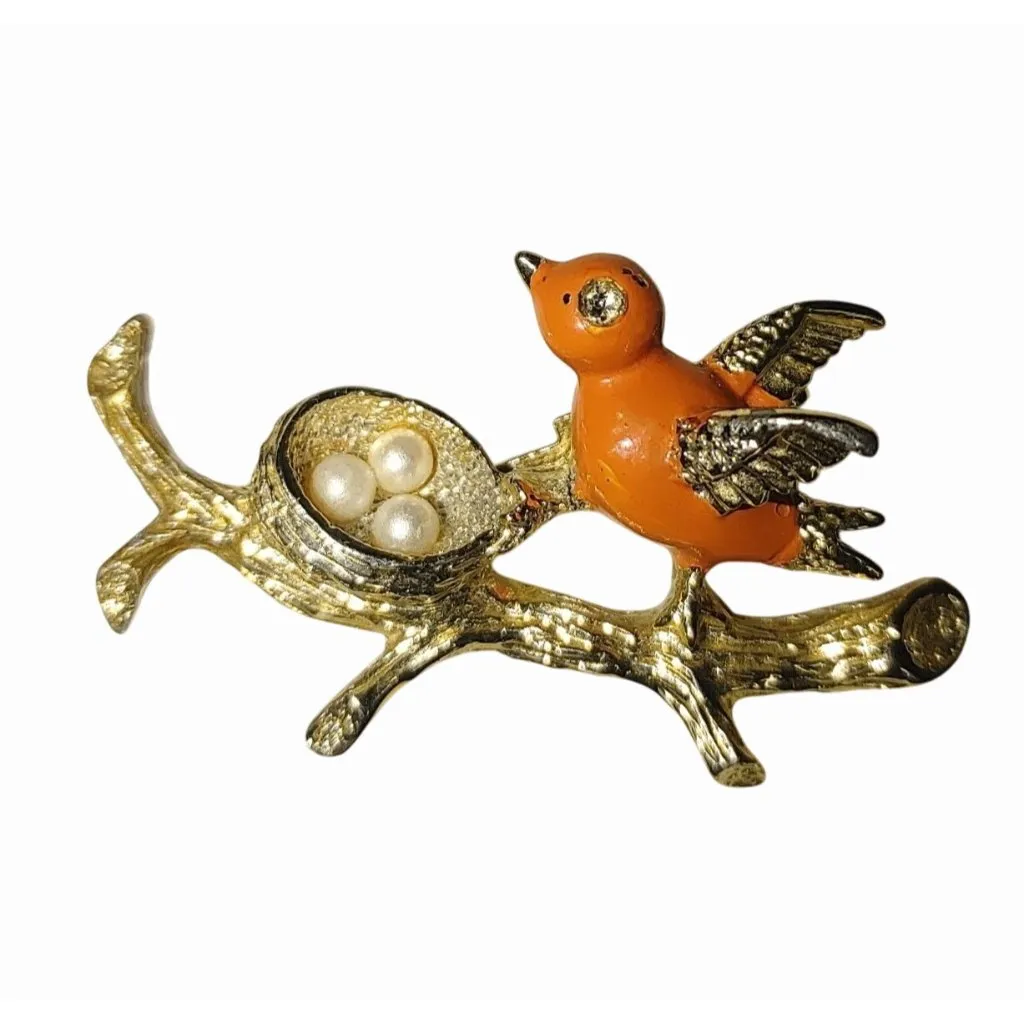 Bird Nest Branch Pin Brooch Vintage Gerrys Gold Tone Faux Pearls Nature Orange - Image 2