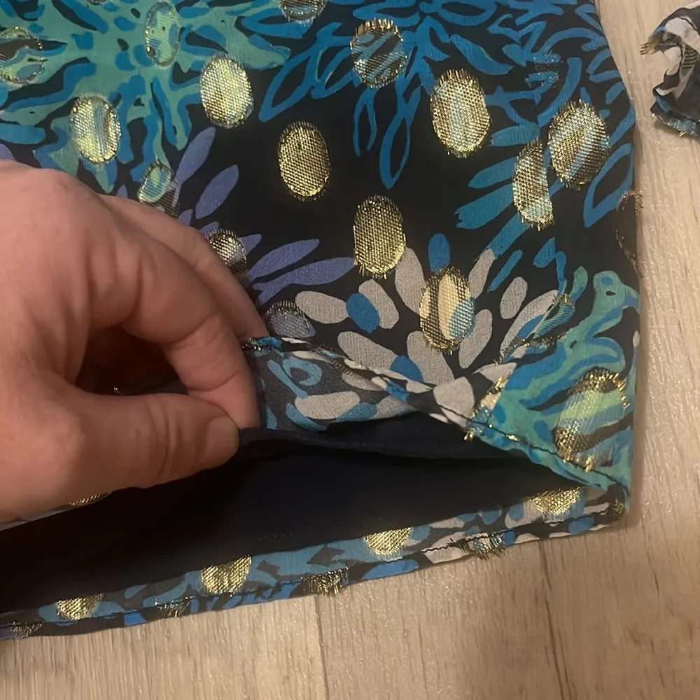 Sail to sable gold shimmer Swiss dot blue black v neck blouse - Image 3